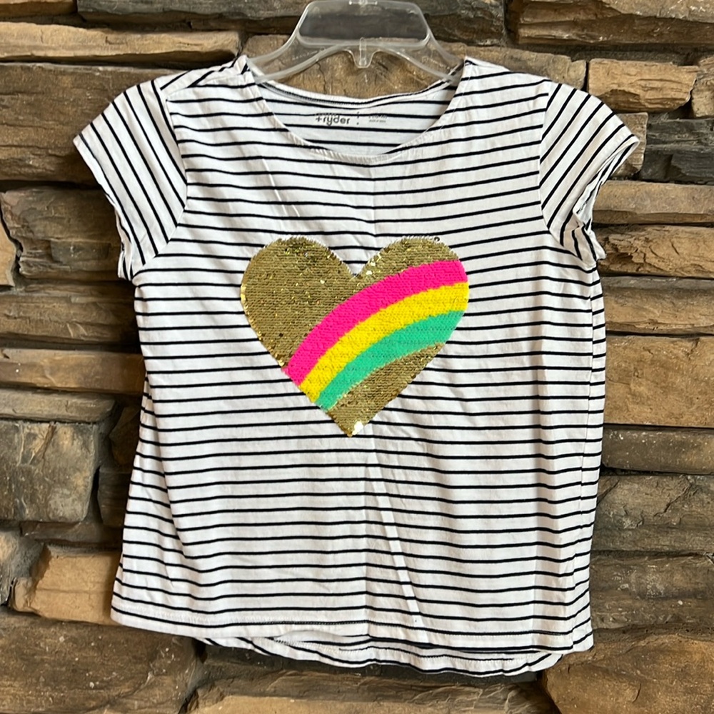 Sequin Heart Striped Shirt RUMI + RYDER Color Change Sequins Size L (12-14)